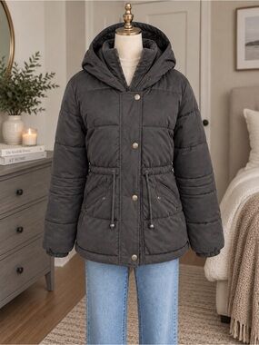 Hollister Charcoal Gray Hooded Puffer Jacket